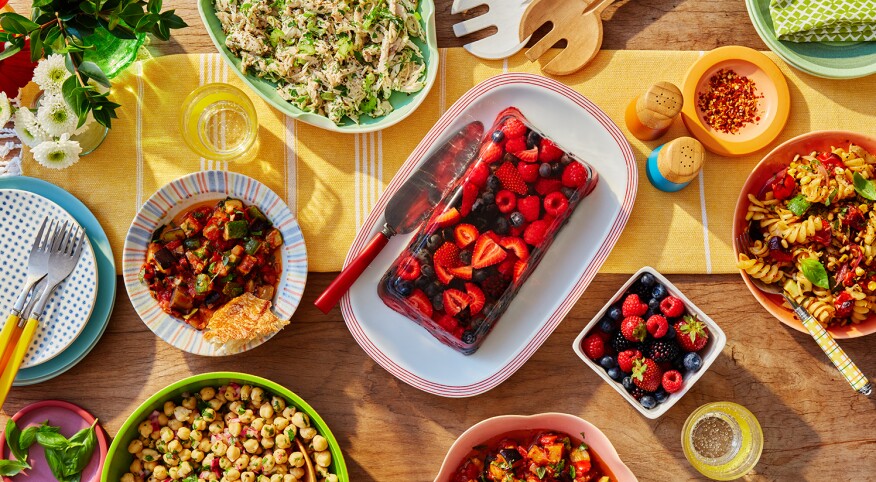 Berry terrine, chickpea salad, chicken salad, ratatouille, pasta salad