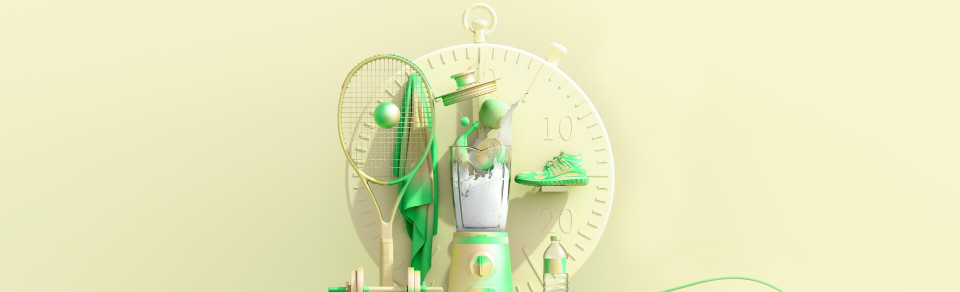 large stopwatch with healthy things in front of it like a blender tennis racket sneakers and water