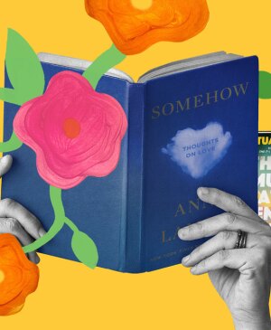 Collage of book covers, with flower elements around.