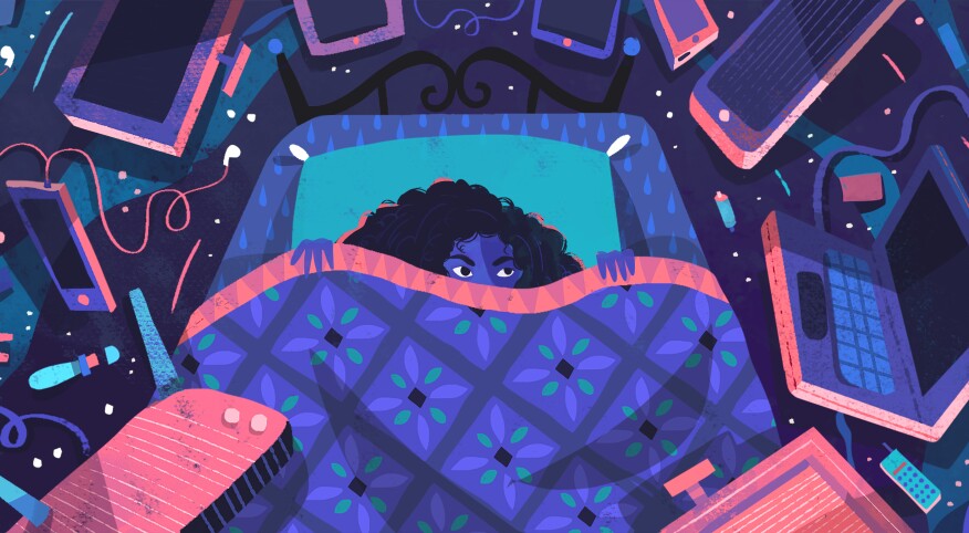 illustration of lady laying in bed surrounded by electronics