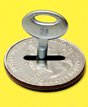 Photo illustration of a key inside of a quarter