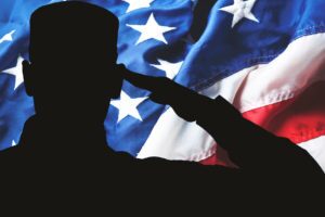 Saluting army soldier on american flag background