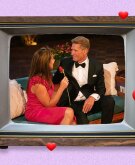 photo collage of red hearts surrounding tv with golden bachelor still 