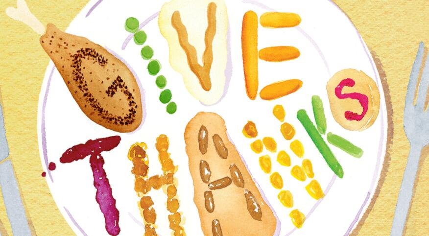 Illustration of a Thanksgiving meal with the words give thanks spelled out in food.