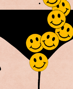 illustration of smiley faces covering women's uterus area