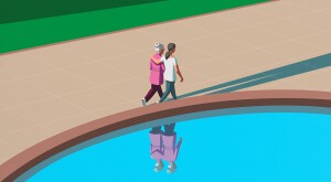 illustration of mother and daughter walking together, growing older