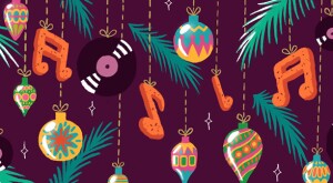 illustration of christmas ornaments and music notes spotify playlist by charlot kristensen