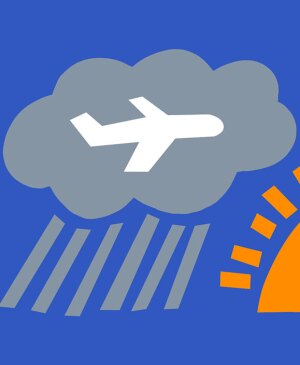 illustration of airplane icon on rainy cloud and car icon on sun