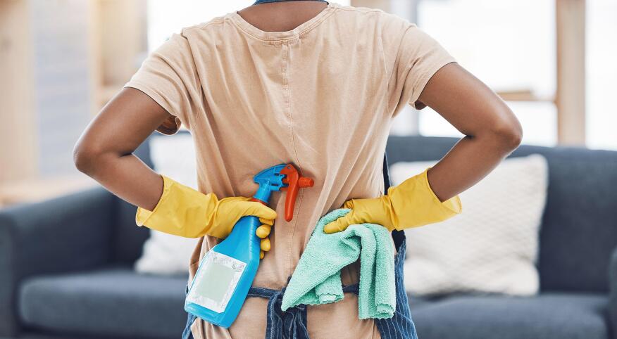 Back view of woman with cleaning spray, cloth and gloves 