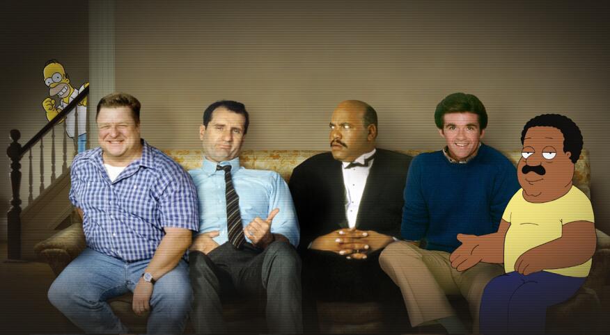 Collage of sitcom dads from old TV shows sitting on a couch