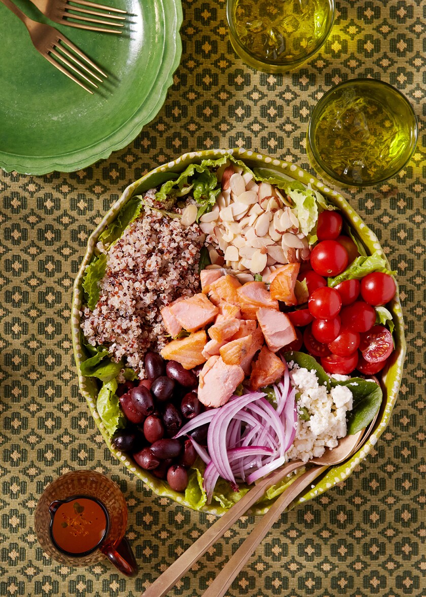 Meal styled on colorful surface