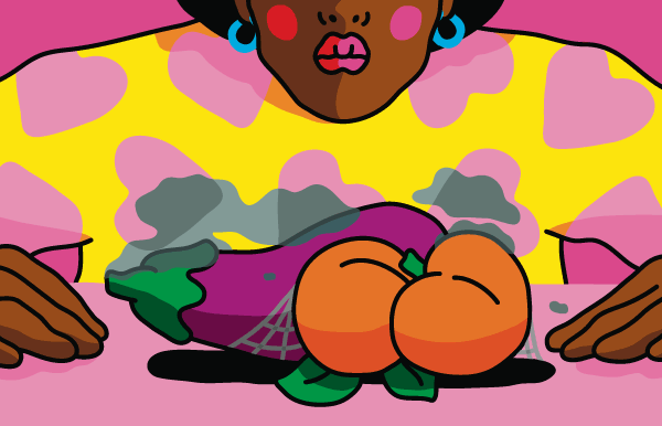 animation of lady blowing off dust from peach and eggplant sex reference