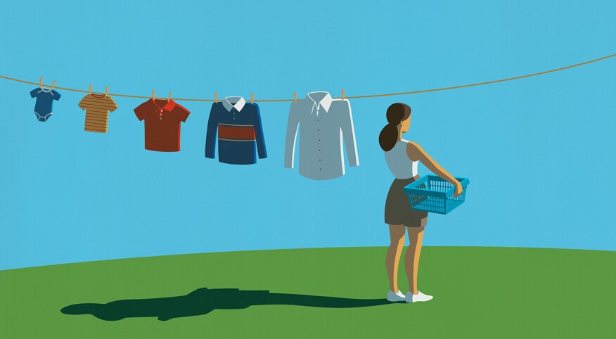 illustration of woman hanging her children's shirts on clothesline outside