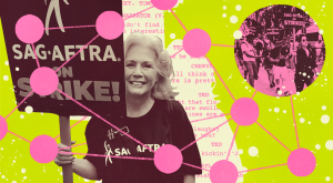 photo collage of woman holding sag aftra on strike poster, union picket line
