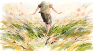 illustration of boy running in field of grass