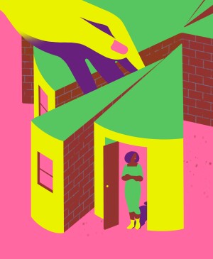 Woman upset, house splitting into pieces, pie chart, illustration