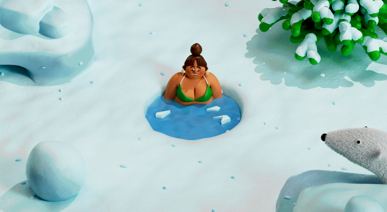 gif animation of woman taking a cold plunge surrounded by snow and polar bear