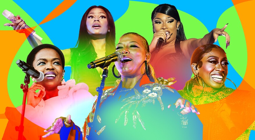 photo collage of black female hip hop artists, missy elliott, queen latifah, lauryn hill, nicki minaj, megan thee stallion