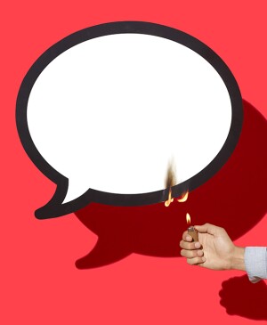 Arm holding out lighter and burning a large speech bubble on a bright red color