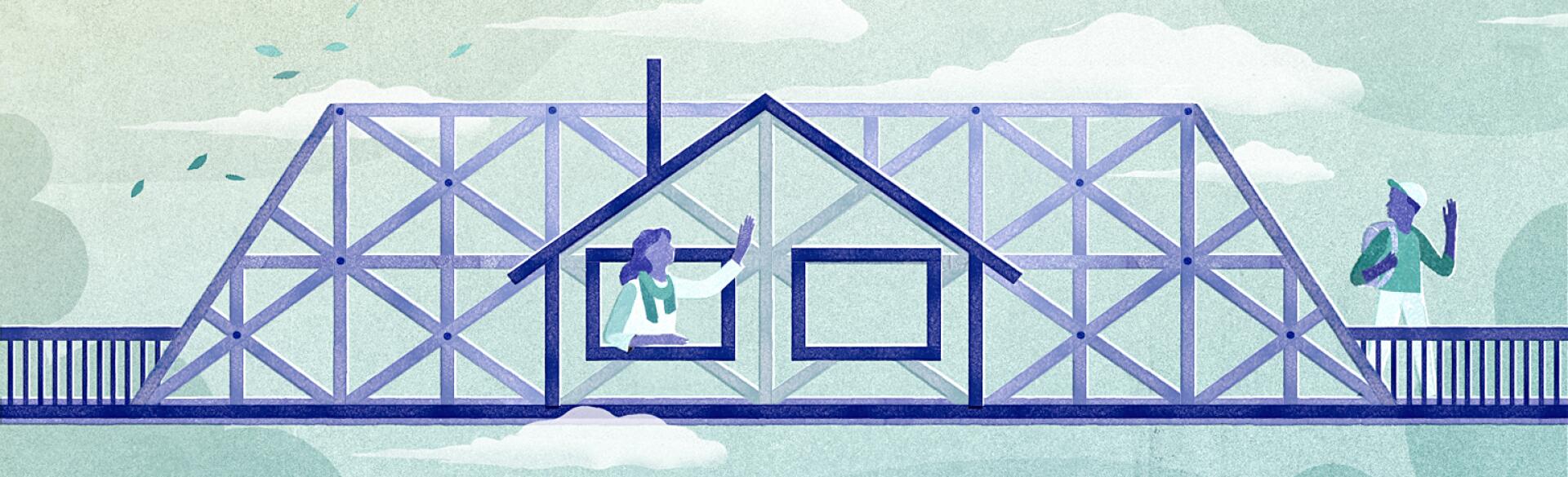 illustration of mother waving to her son as he leaves the house for school