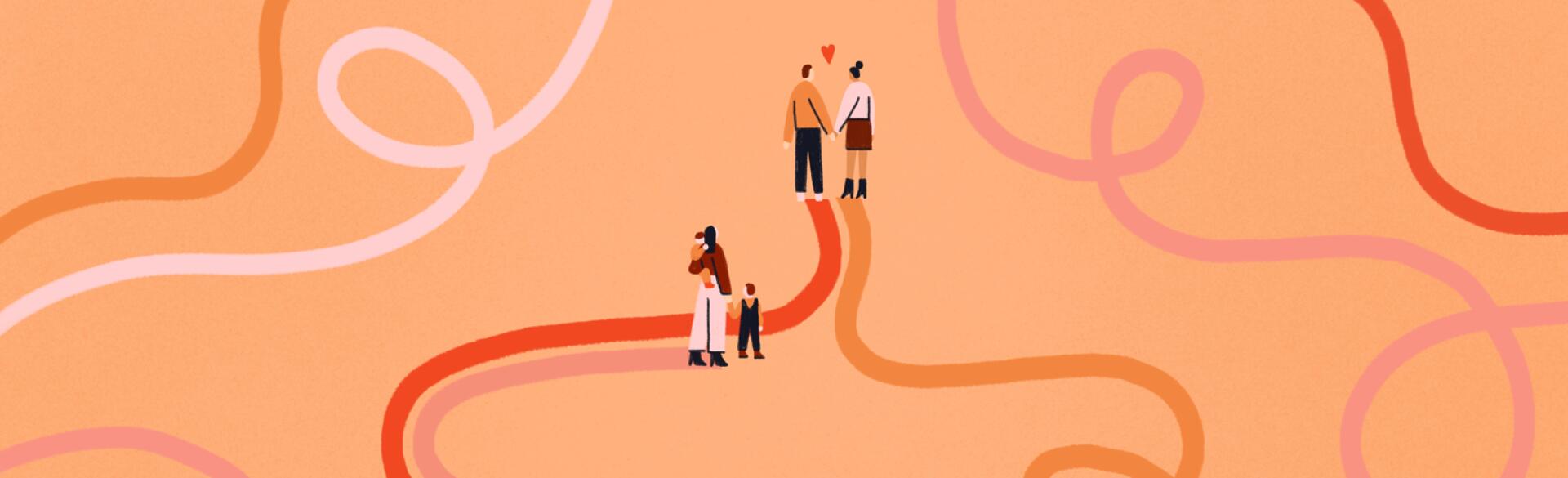illustration of lady and kids looking at couple ahead of them by abbey lossing