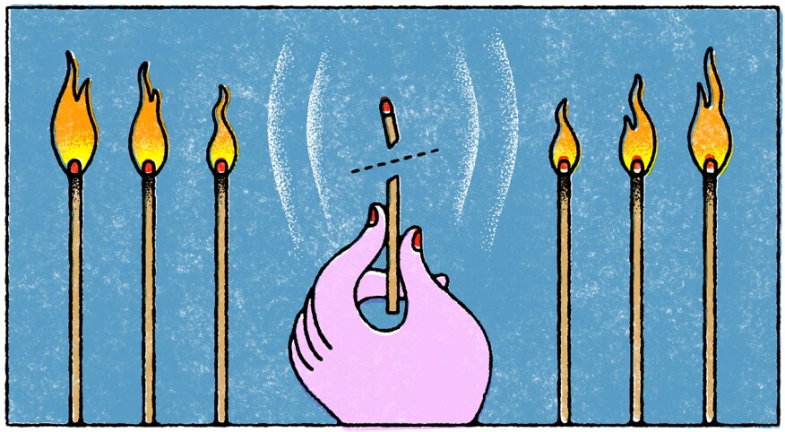 illustration of hand holding a broken match with no flame surrounded by other matches with fire, sex life, uterus, aging
