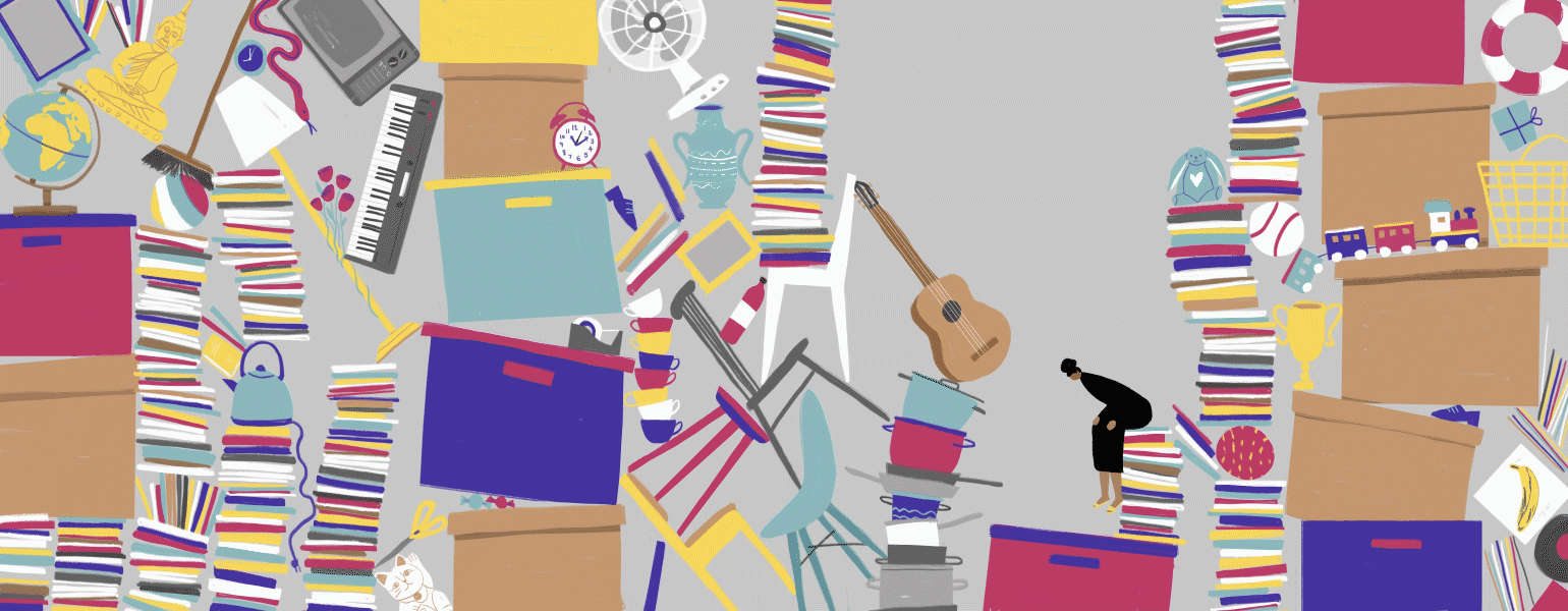 gif of lady looking overwhelmed with her clutter