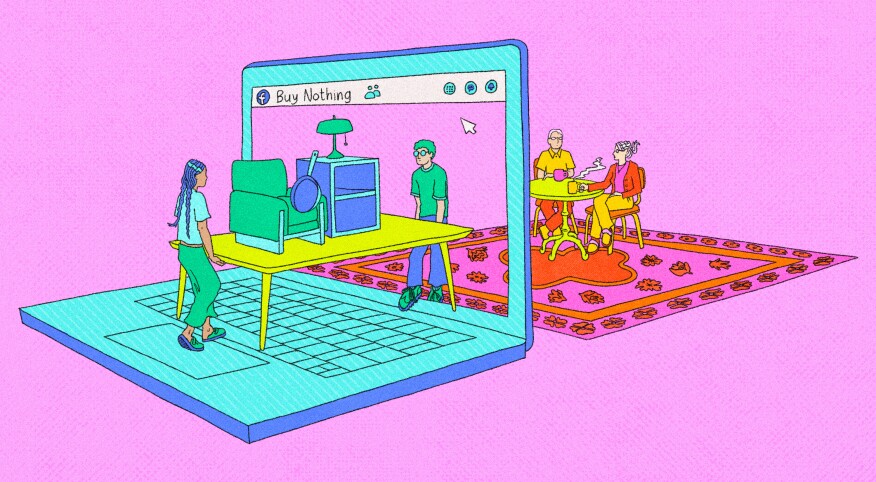 people carrying, home goods, through computer, illustration