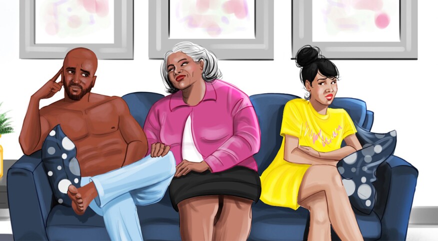 A graphic of a mother sitting in between a young couple on a couch.