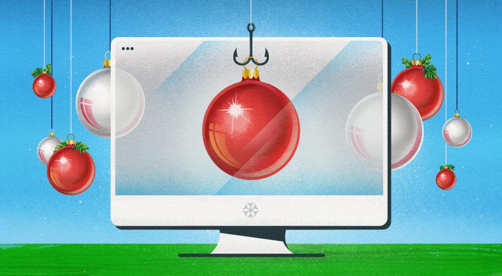 image of computer with christmas ornaments hanging on background, scammers