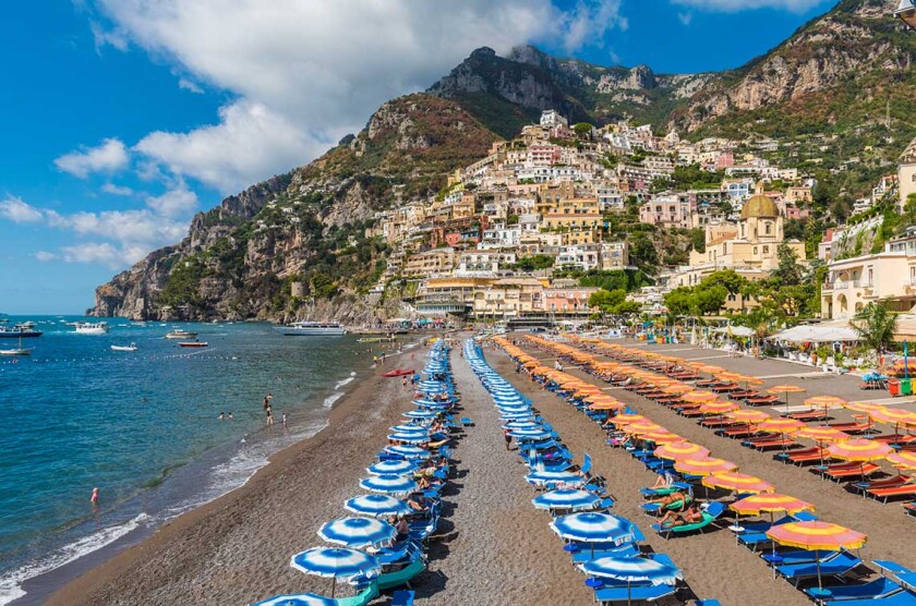 Positano and the main beach. Positano, amalfi coast, Salerno, Campania, Italy