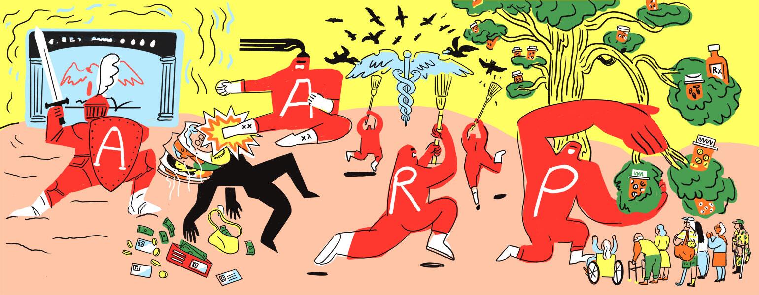 illustration of aarp characters fighting by jade schulz