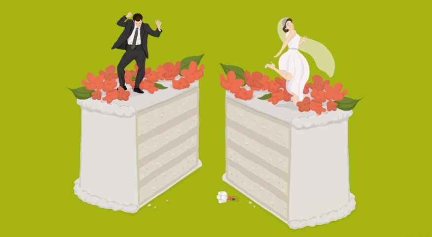 Illustration of wedding cake cut in half with bride and groom on separate sides
