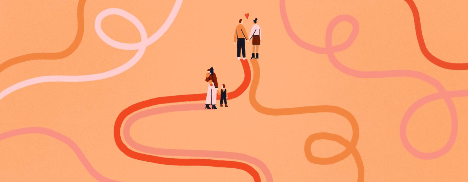 illustration of lady and kids looking at couple ahead of them by abbey lossing