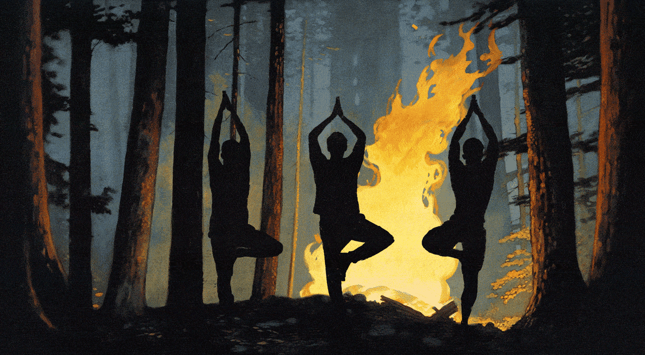 Animated illustration of 3 men doing yoga by a bonfire