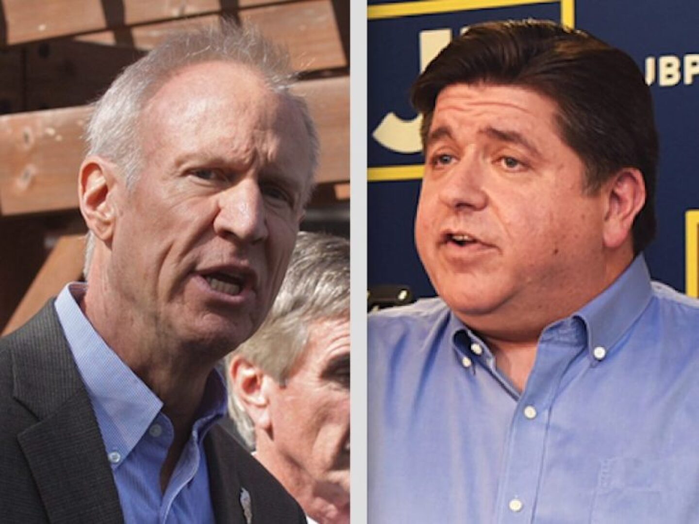 Gov. Bruce Rauner, left, speaks in the backyard at a home in Des Plaines,on Thursday. Tim Boyle/For the Sun-Times; Democrat J.B. Pritzker, right, holds a news conference at his campaign headquarters on Thursday. | Emily McTavish/ Sun-Times