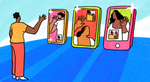 Black woman, waving at three friends in phones, illustration
