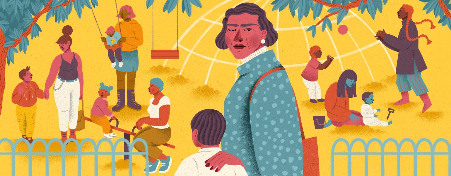 illustration of older mother at a playground with her child and other children and adults