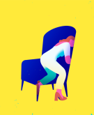 illustration of woman hiding within her chair while meeting with therapist, mental health