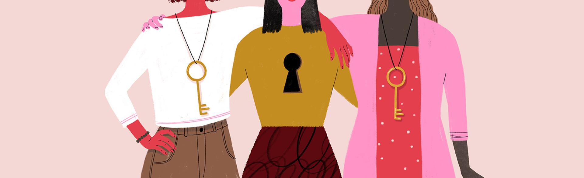 illustration of two friends with keys and another with a keyhole friendship