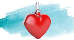 An illustration of a heart with a grenade pin in it - a literal love bomb.