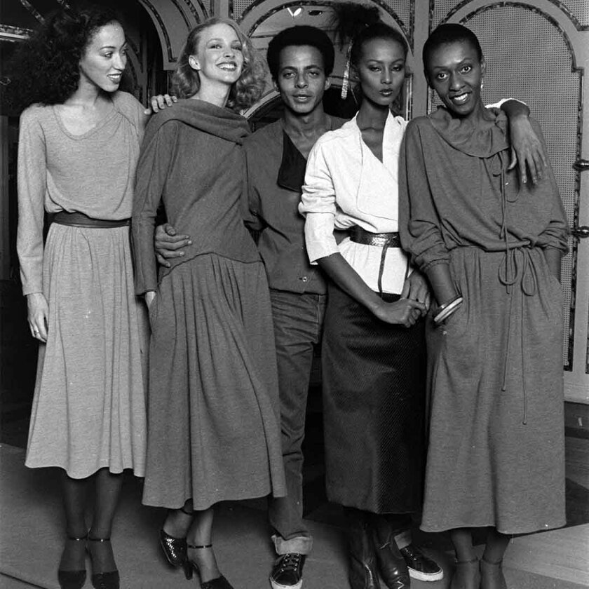 Models Bethann Hardison, Karen Bjornson, Alva Chinn and Iman pose with designer Stephen Burrows