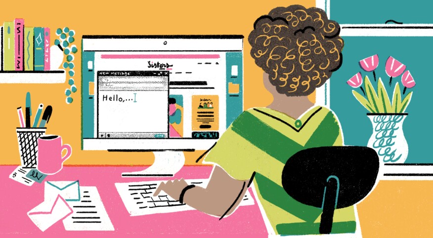 Sisters, editor, working, typing at desk, home office, illustration