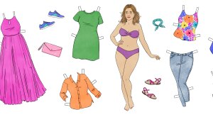 A graphic of a woman surrounded by various pieces of clothing.