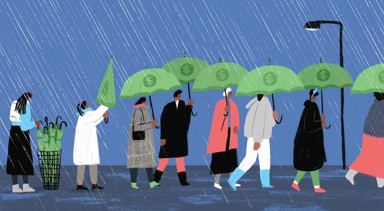 illustration of people holding umbrellas with dollar signs under the rain