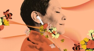 photo collage of woman with airpods listening to podcast, surrounded by bees and flowers