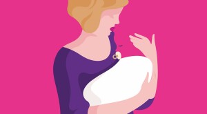 illustration of woman holding imaginary baby, adoption