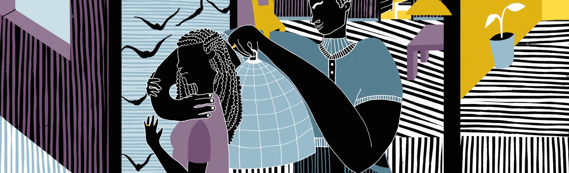 illustration of controlling spouse wrapping his arm around his wife