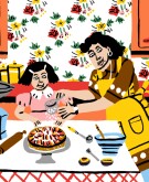 illustration of mother and daughter baking in kitchen