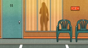 illustration of silhouette of woman behind window at motel, affair, marital affair